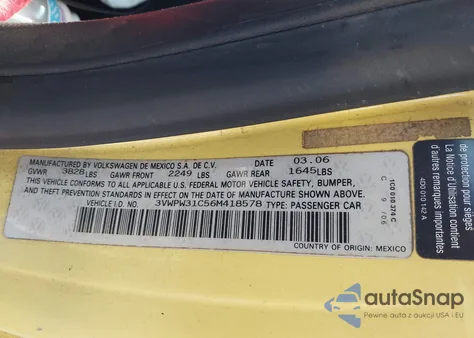 2006 Volkswagen New Beetle 2.5 из США, поврежденный, VIN 3VWPW31C56M418578